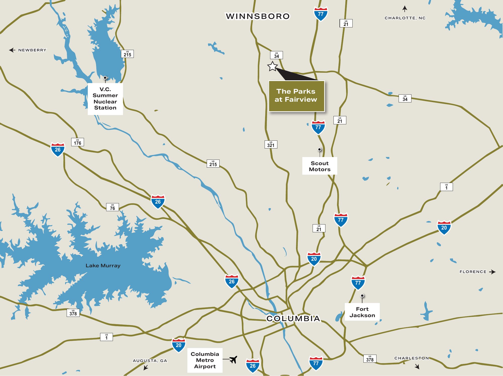 Map showing The Parks at Fairview location between Winnsboro and Columbia, SC